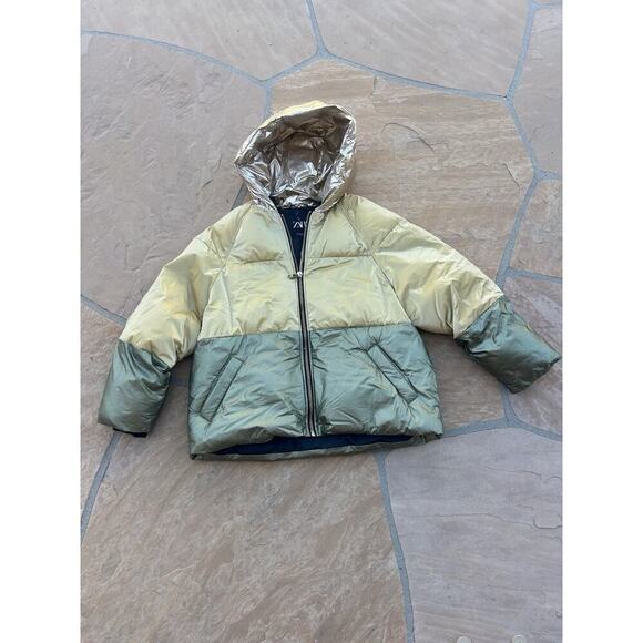 Zara Golden Metalic Colour Block Puffer Coat M - Picture 2 of 4